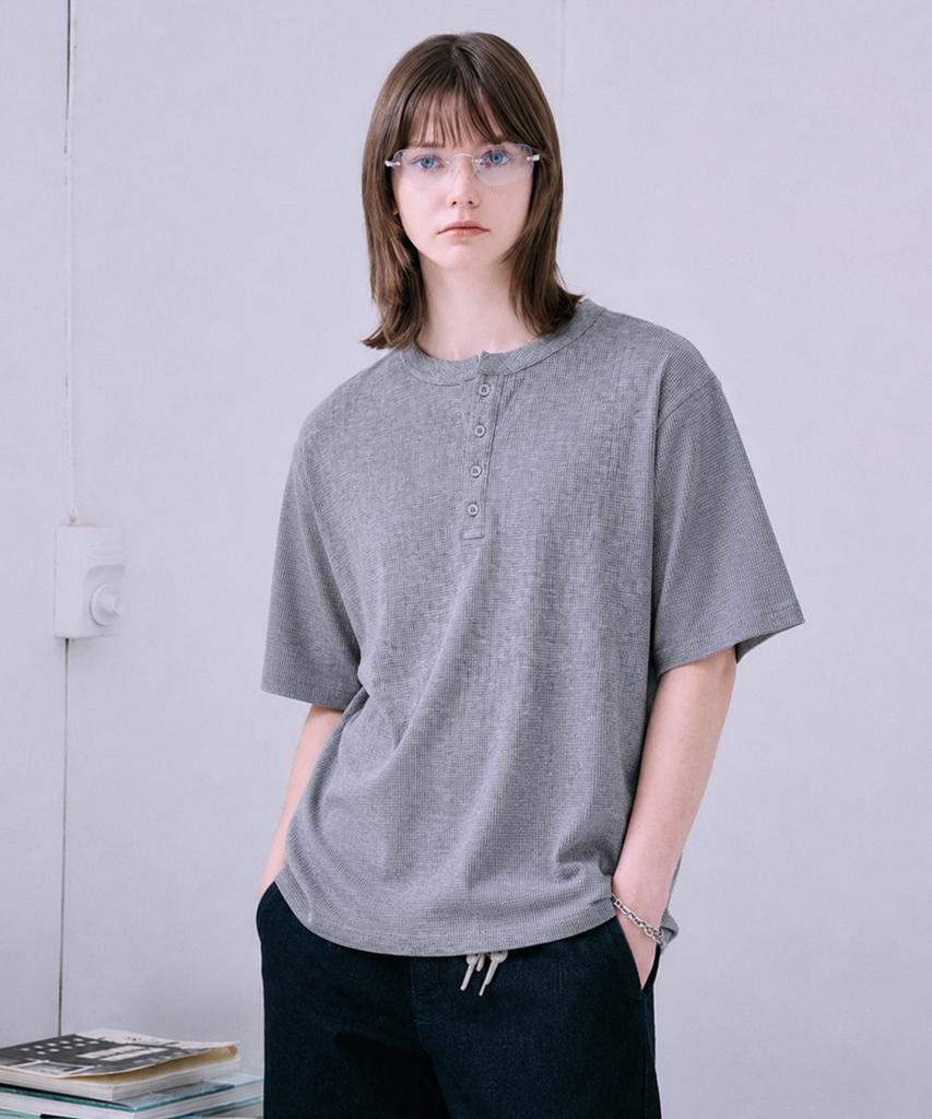 Nasyujeueol [2Pack] Usual Waffle Henley Neck Short Sleeve T-Shirt 3 Colors