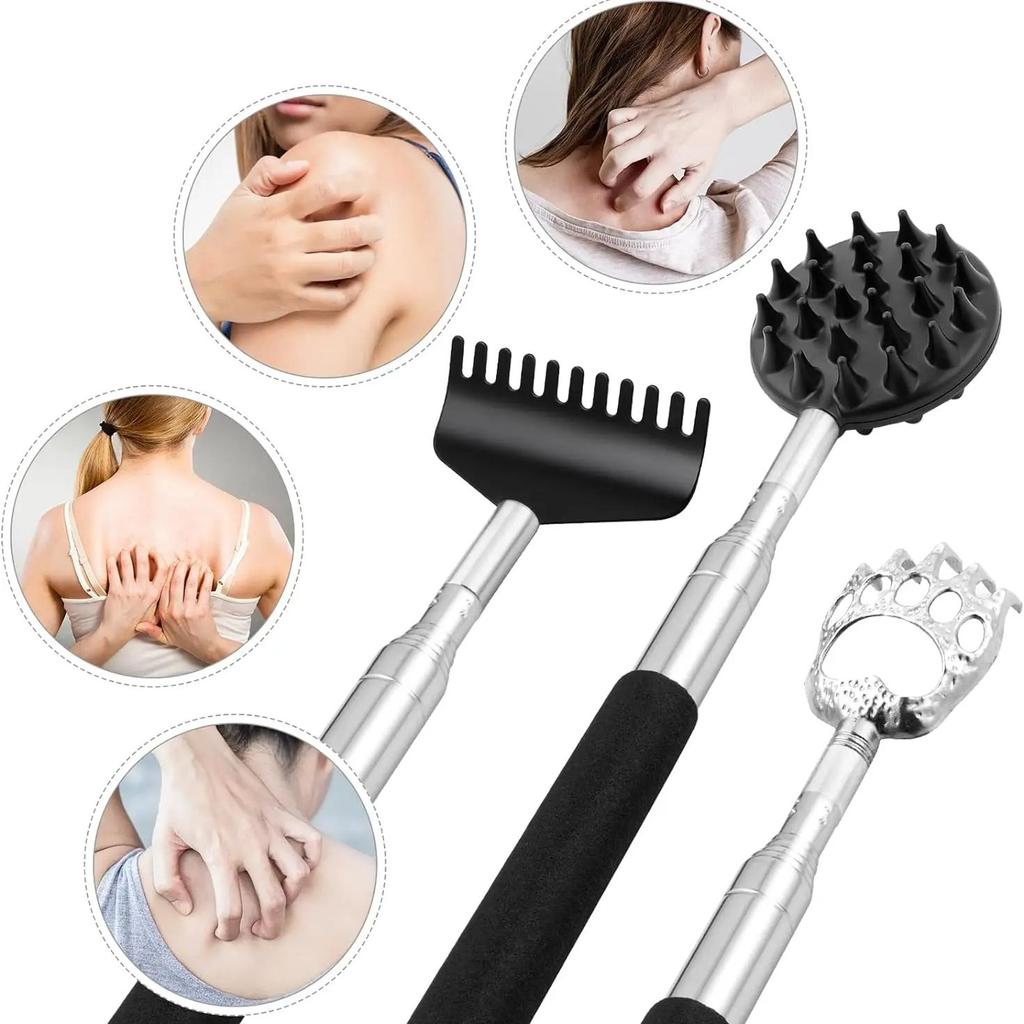 Itchy Scratch Retractable Back Gripper Double-Sided with 3 Detachable Gripper Heads Metal Claw/Rake for Hard-to-Reach Areas