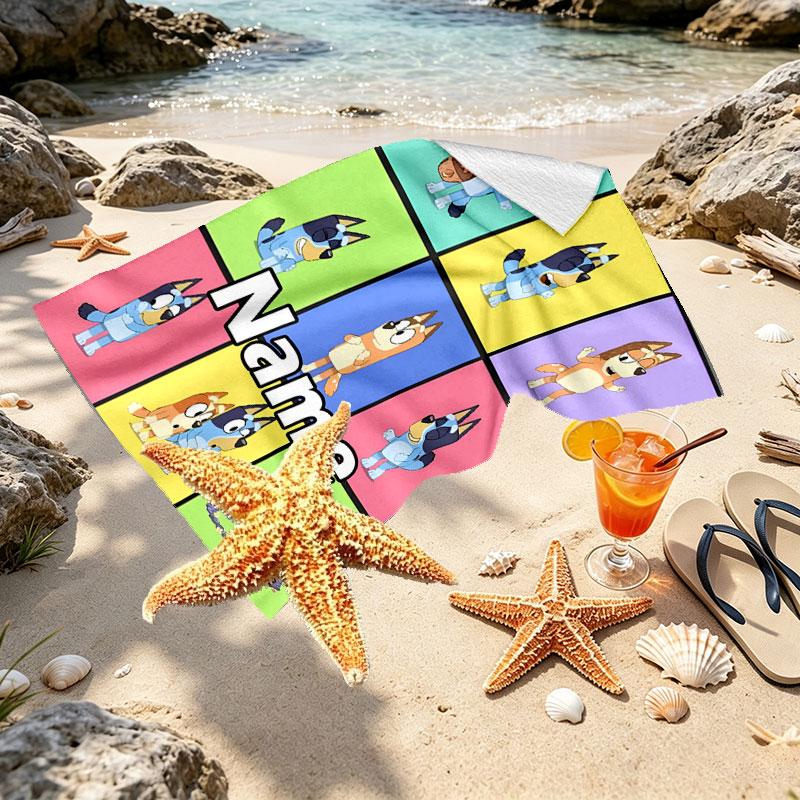 Custom Name Personalized Bluey Print Beach Towel, for Trip Camping Beach Party Home Decor, Birthday Gift for Family & Friends
