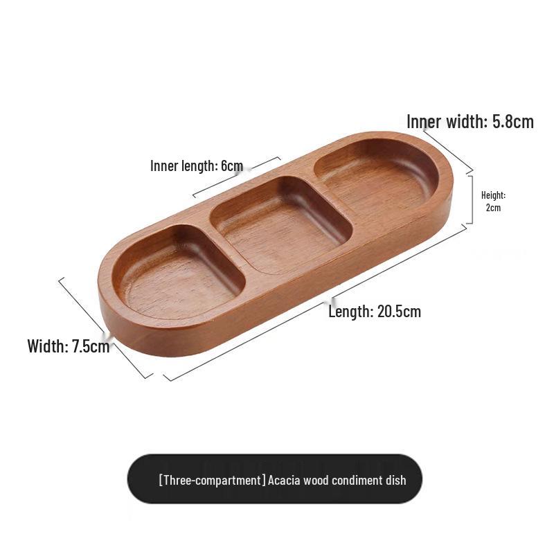 Acacia Wood 3-Compartment Condiment Dish, Snack & Sauce Plate for Hot Pot or BBQ.