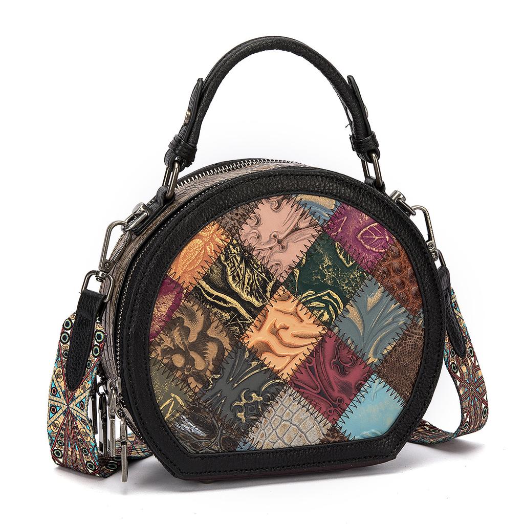 New European and American Retro Women's Bag with Top Layer Cowhide, Fashionable and Casual Splicing, Women's Handbag, Single Shoulder Crossbody Bag