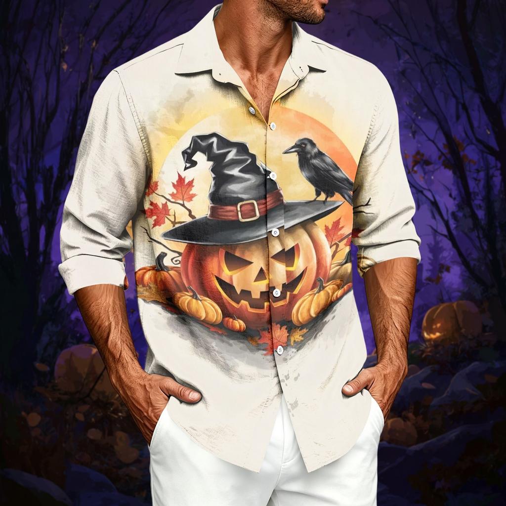 Men's Casual Long-Sleeve Shirt with Halloween Print for Spring ,Summer and Fall
