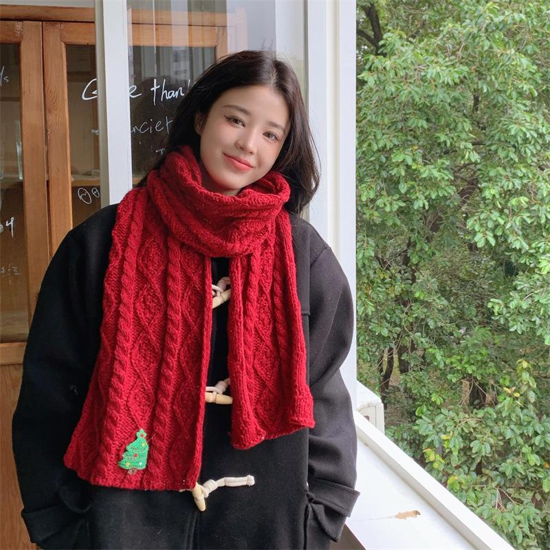 Season red knitted scarf Christmas gift thickened warm and cold scarf Japanese niche fashion versatile