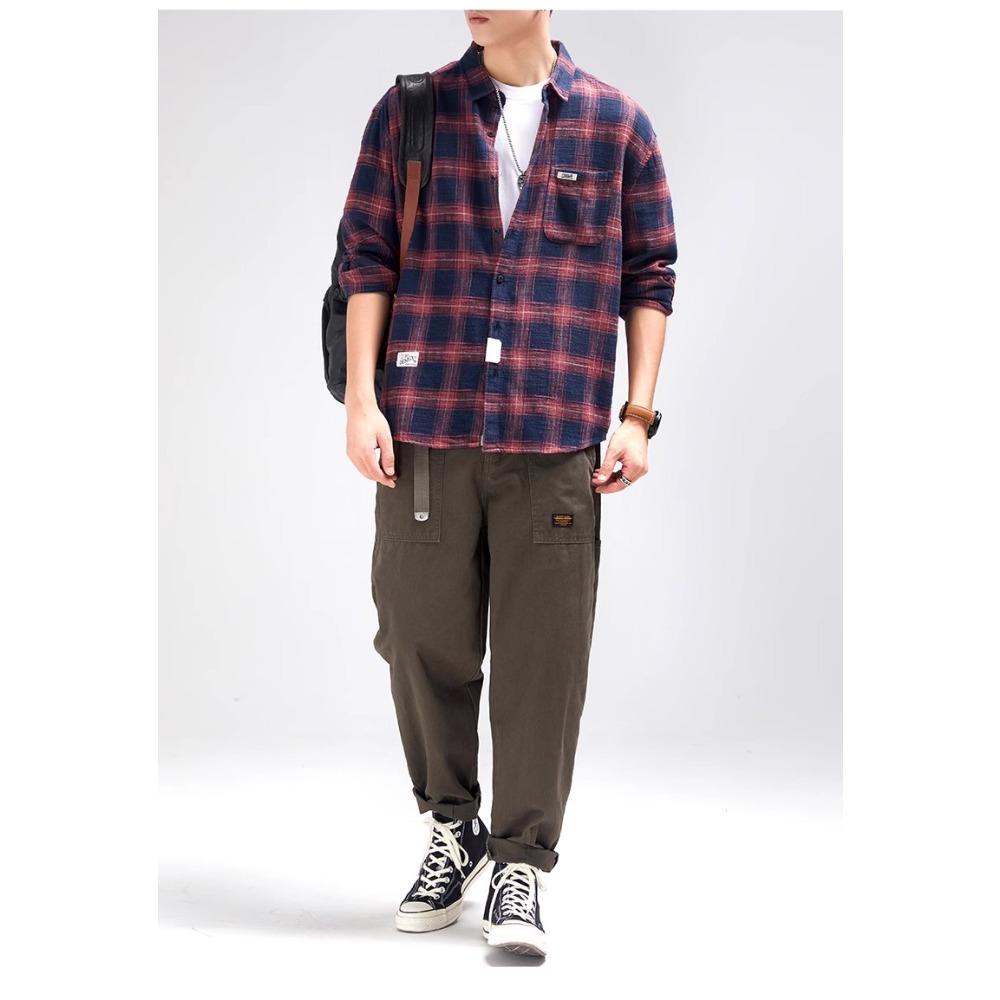 Men’s Japanese-style Retro High-street Checked Shirt: Long-sleeved, Collared, Loose-fit Jacket