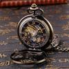 Luxury Vintage Intricate Wings Skeleton Mechanical Pocket Watch Elegant Pendant Clock Roman Numeral Dial Bronze Chain Timepiece