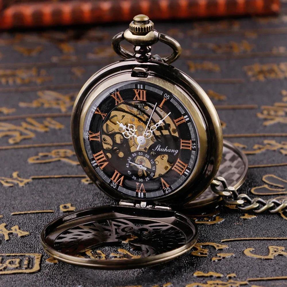 Luxury Vintage Intricate Wings Skeleton Mechanical Pocket Watch Elegant Pendant Clock Roman Numeral Dial Bronze Chain Timepiece