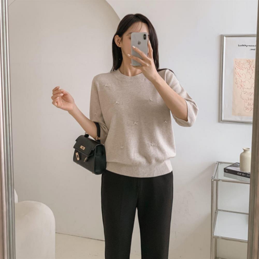 New Arrivals Open Run Women Autumn Fashion Pearl Decoration Ribbon Short Sleeve