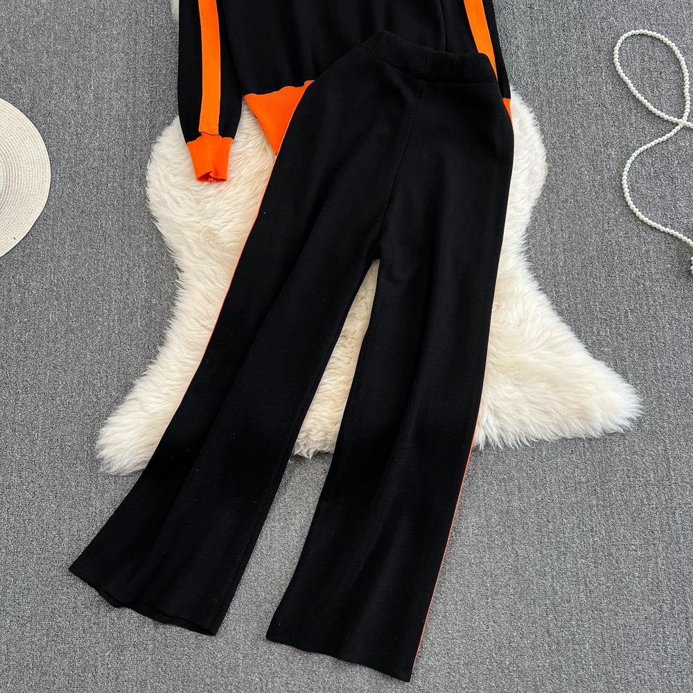 Herbst Winter Kontrast Farbe Gestrickte Pullover Trainingsanzug Volle Hülse Zipper Mantel Jacke und Knöchel-länge Hose Zwei Stück Set