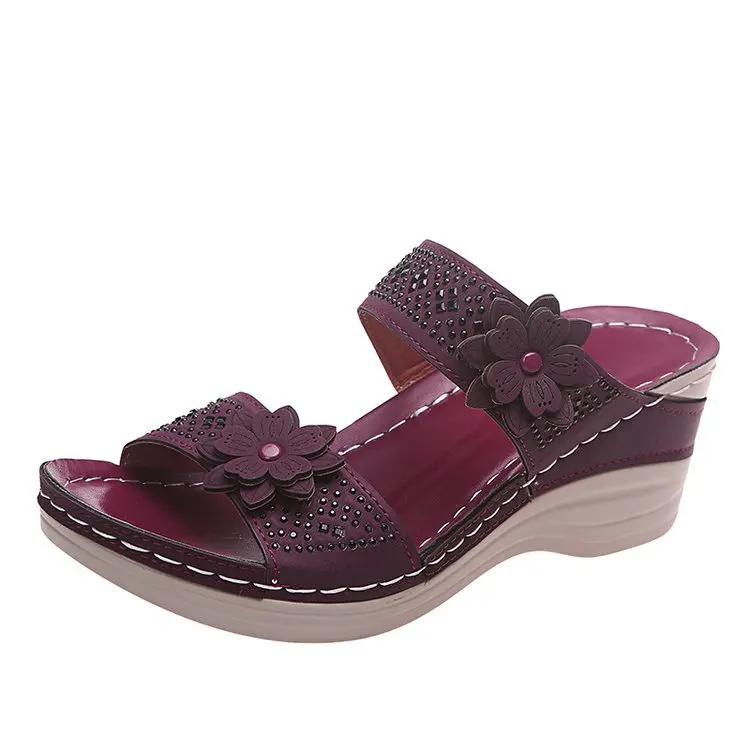 Large Size Cool Slippers for Women's Summer New Style with a Straight Sloping Heel and Floral High Heels, Casual Shoes