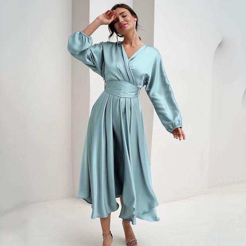 Fashion Wind New Arrival Dress Puff Sleeves Waist-Tight Temperament Long Dress V-Neck Bubble Sleeve Dress