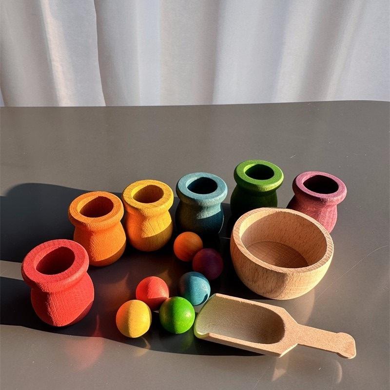 Beech Wooden Rainbow Sorting Toys Early Learning for Kids Pastel Pot Peg Dolls with Balls
