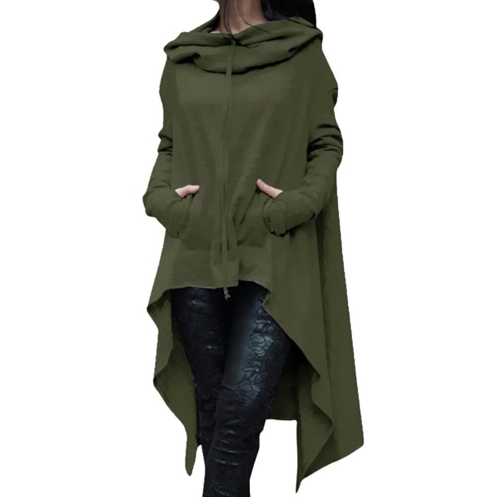 Felpa con cappuccio da donna in misto cotone tinta unita con orlo asimmetrico con coulisse Cappotto poncho allentato per felpa con cappuccio da donna