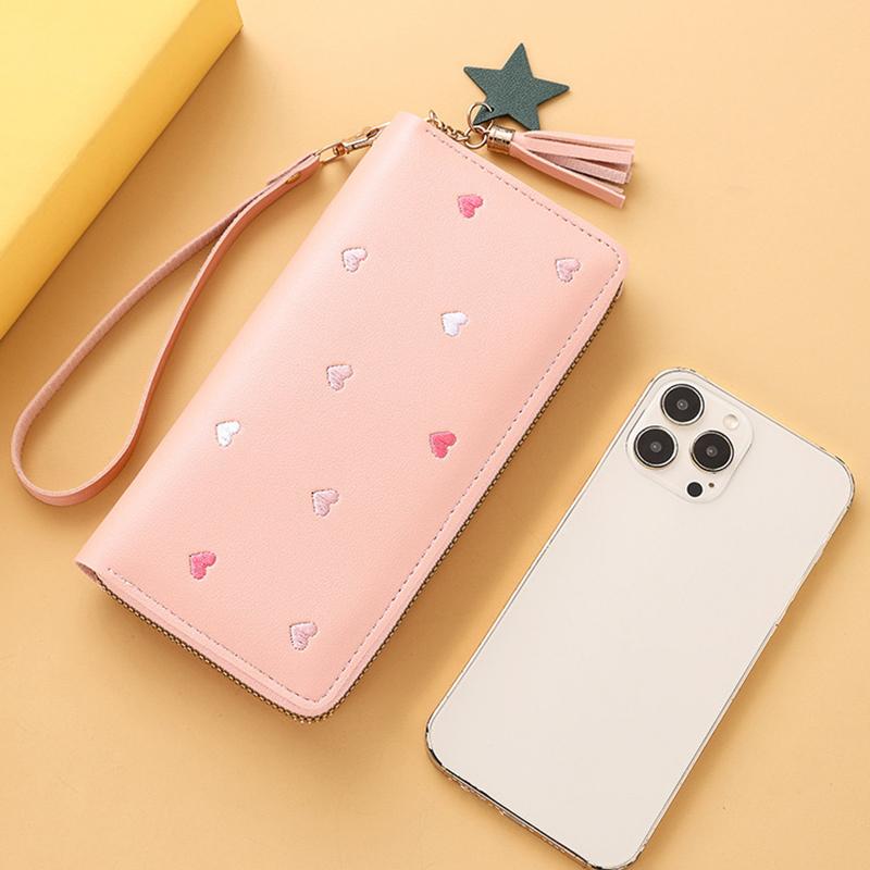 New Long Women Wallet With Heart-Shaped Korean Style Tassel Embroidery Card Holder For Women