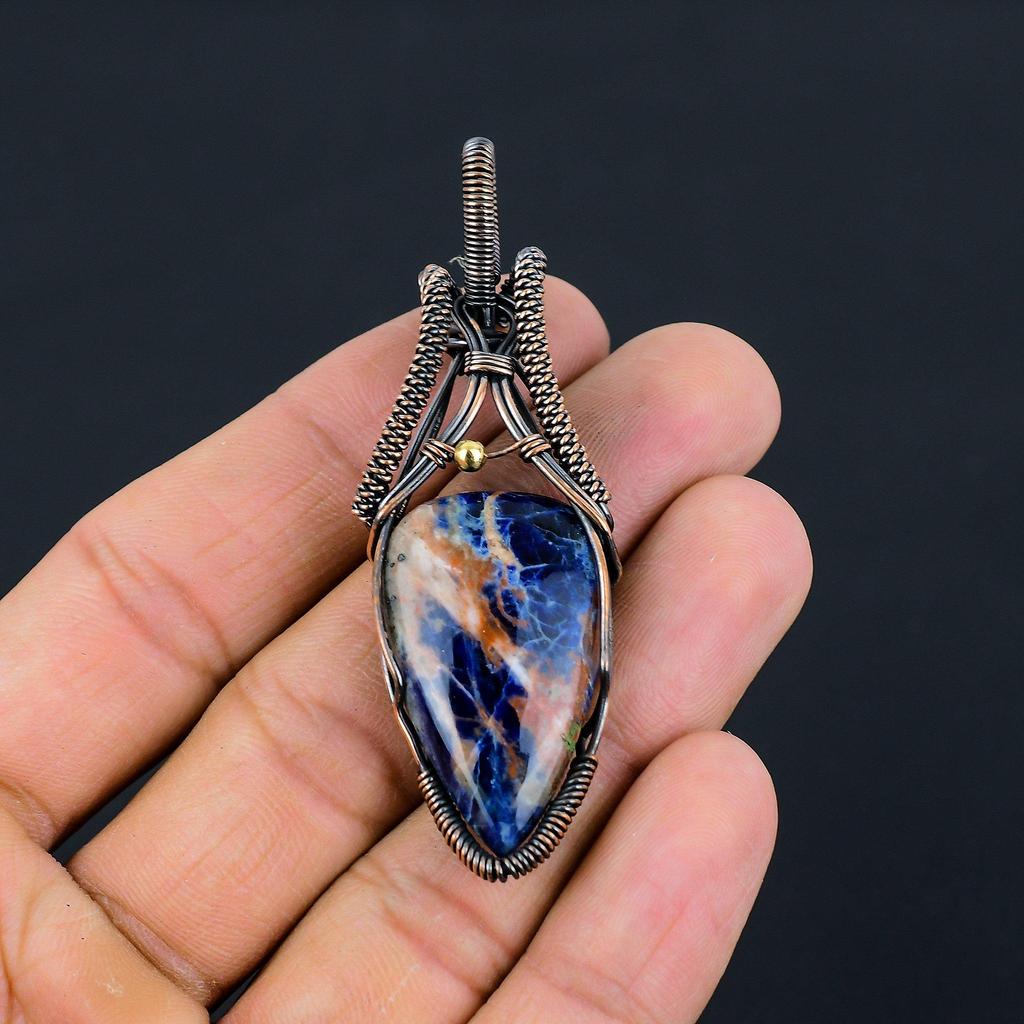 Orange Sodalite Gemstone Pure Copper Wire Wrapped Handmade Pendant Jewelry For Her
