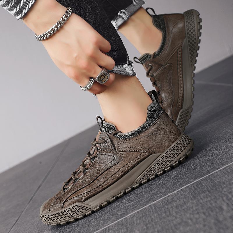 2024 Męskie Klasyczne Czarne/khaki Skórzane Trampki Codzienne Miękkie Skórzane Sznurowane Buty Męska Moda Outdoorowe Buty do Chodzenia Męskie Trampki
