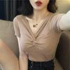 Fashion Retro Loose Thin Net Red Solid Color V-neck Short-sleeved T-shirt Cross Knot Thin Section Pullover Knit Sweater Tops Female Summer