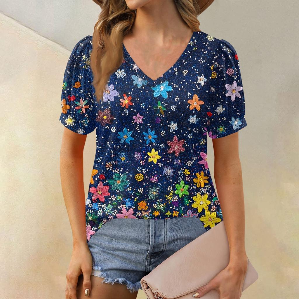 Damenmode Blumendruck Top Puff Kurzarm V-Ausschnitt T-Shirt Lose Casual T-Shirt