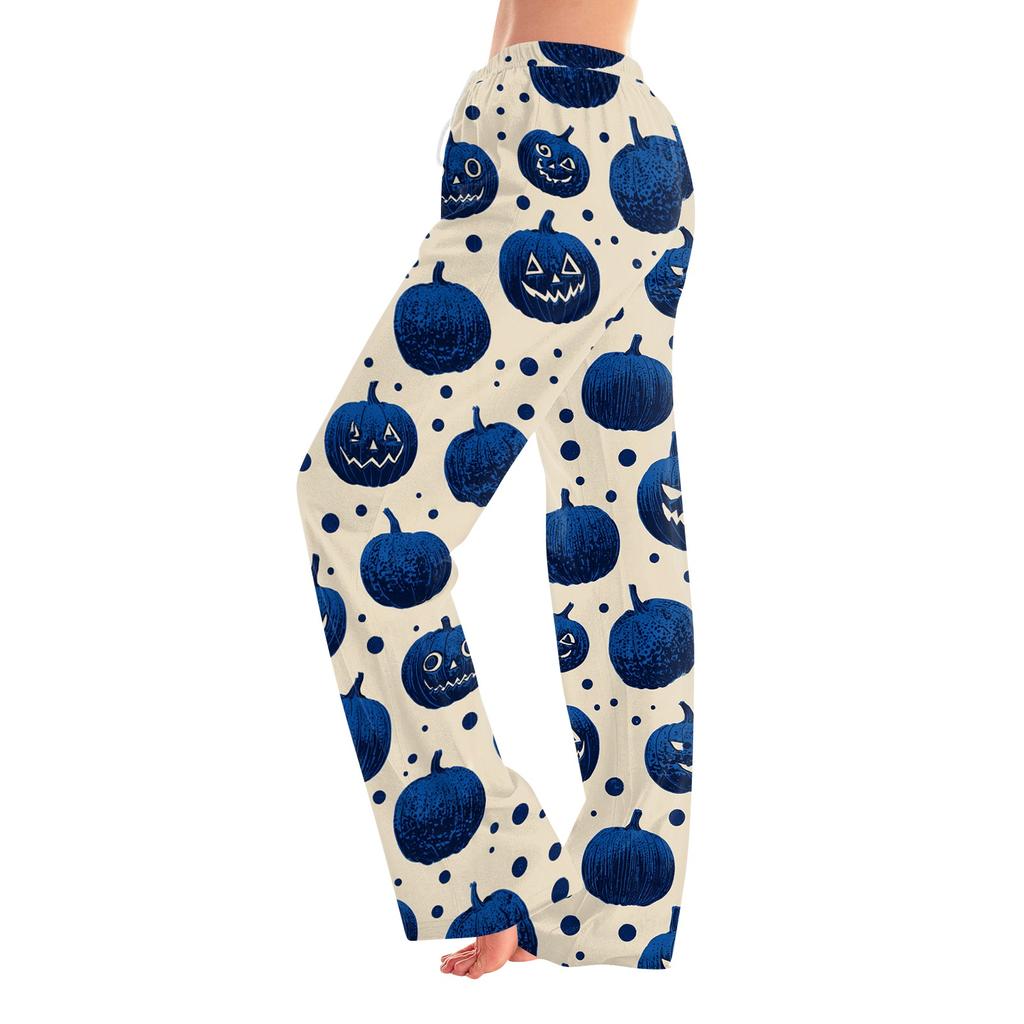 Women's Halloween Print Elastic Waist Drawstring Pajama Pants for Casual and Sleepwear
