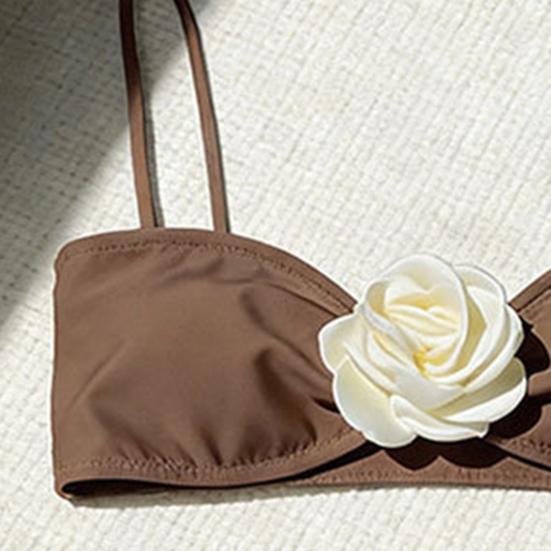 2Pcs/Set Women Bikini Set 3D Flower Decor Adjustable Straps Tube Top Bikini Bra High Waist Swimming Trunks Set Beach Swimwear