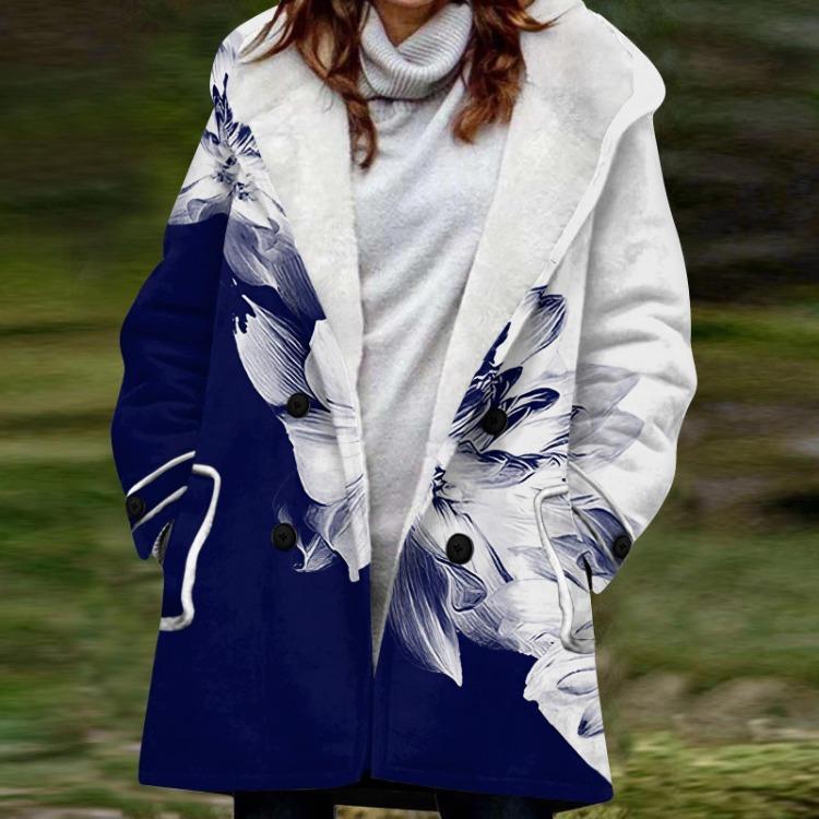 

Женская теплая плюшевая куртка с капюшоном на пуговицах, большого размера, с принтом цветочных растений и карманами S