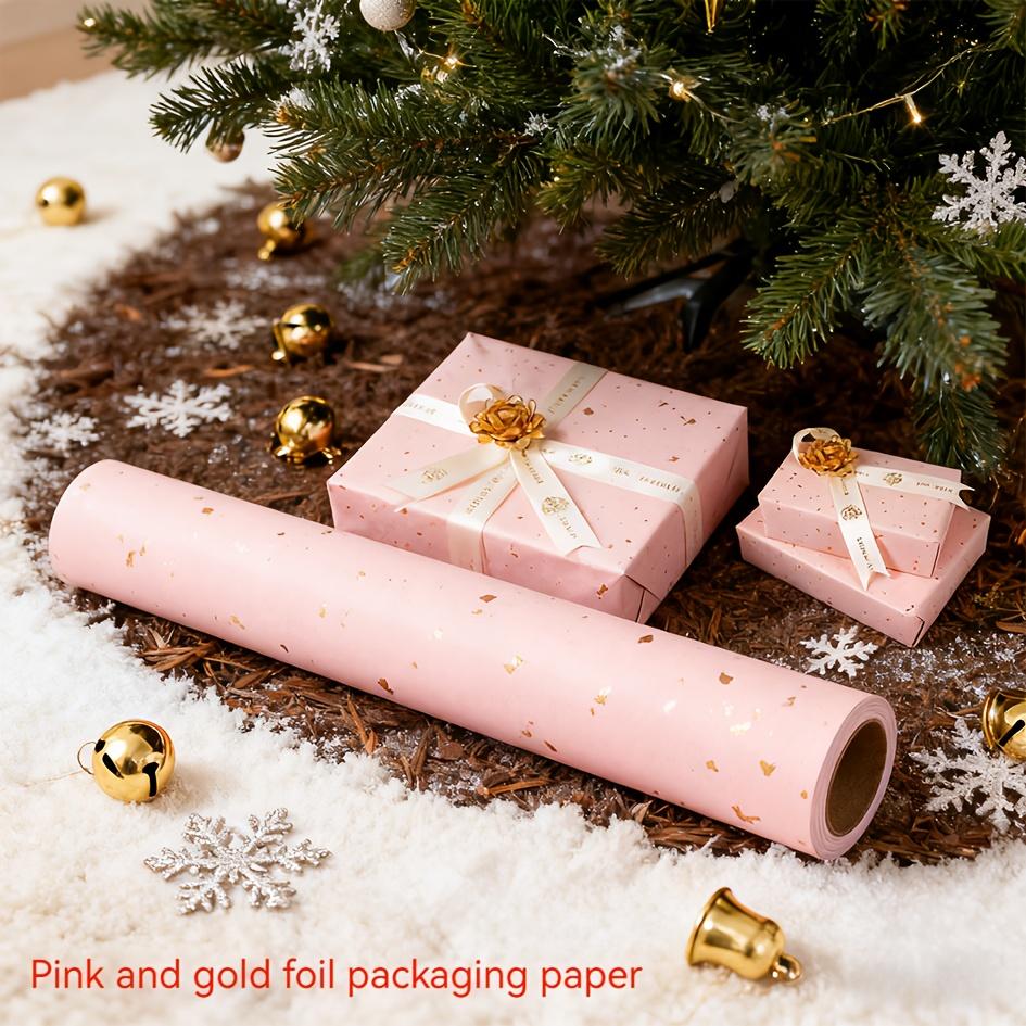 1 Roll Wrapping Paper, Pink and Golden Foil Wrapping Paper,  Kraft Paper Gift Wrap with Silvery and Golden Foil for Christmas