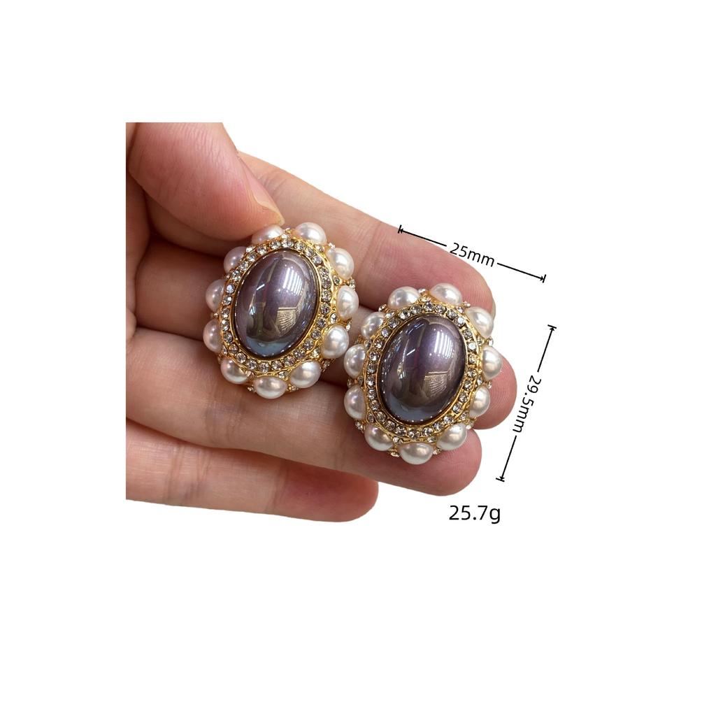 Vintage Vintage High Bright Beads Thick Oval Earrings Medium Antique Elegant Versatile Stud Earrings