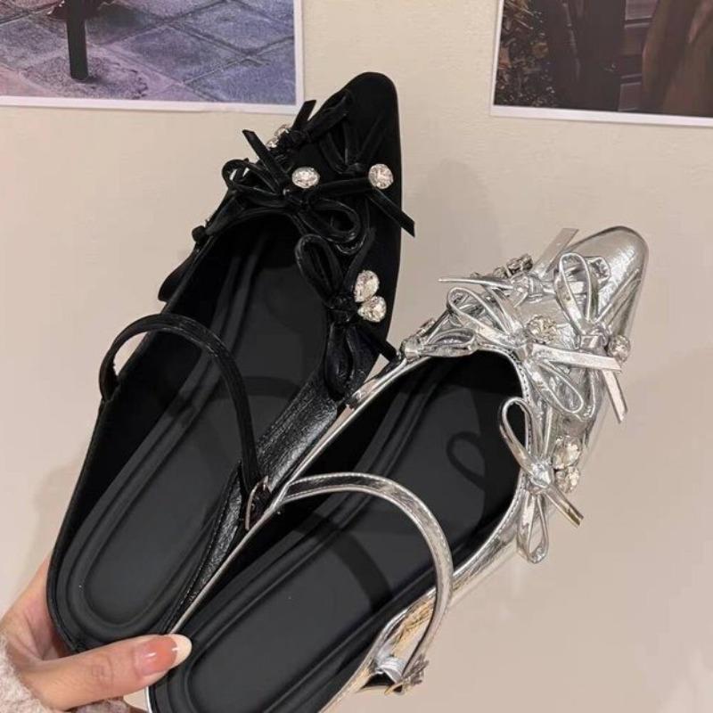 Baotou Slippers Women's Fashion Shallow Mouth Crystal Butterfly Knot Soft Sole Anti-slip Wear-resistant Low Heel Shoes
