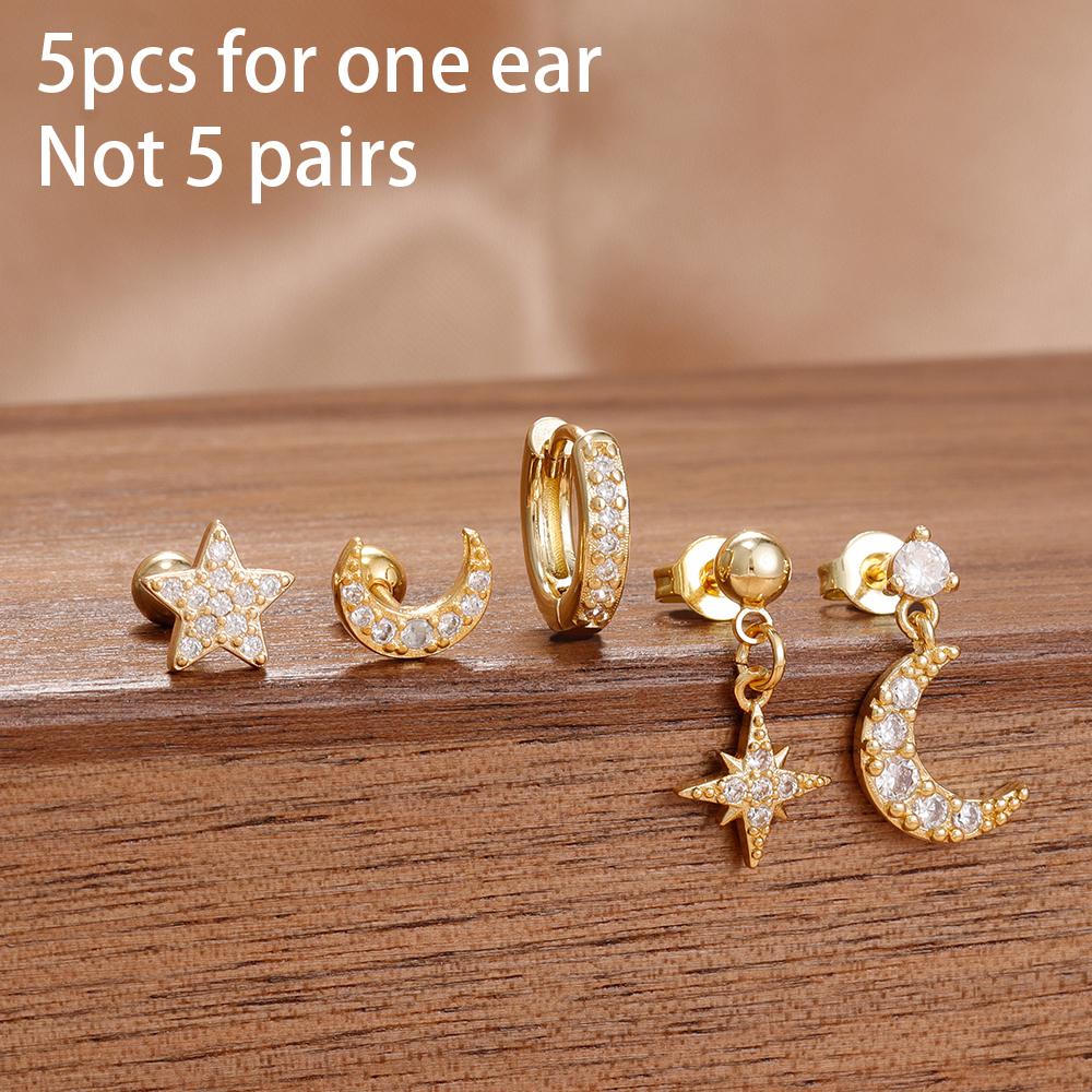 5PCS New Design Gold Color Ear Stud Earring Set For Women Zircon Star Moon Punk Piercing Earrings Helix Tragus Piercing Jewelry