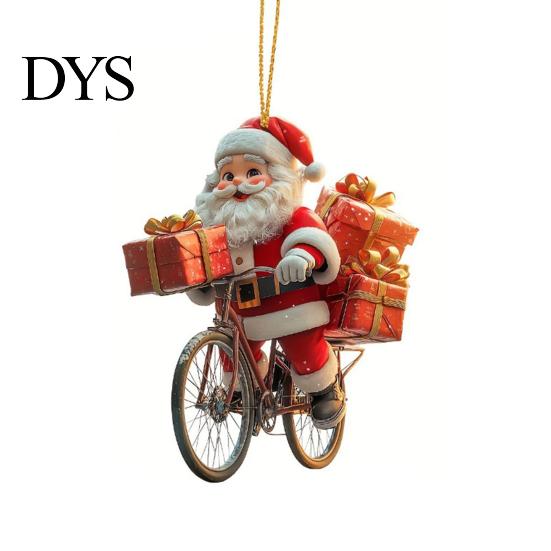 Fun Car Decorations Acrylic Santa Claus Christmas Ornaments 2D Flat Riding Bicycle Hanging Funny Accessory Gift Ideas with Box Decoration for