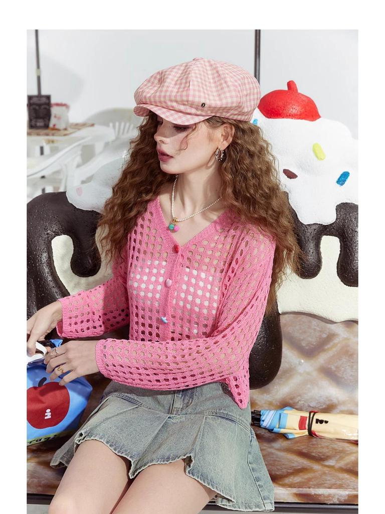 2025 Summer Korean V-Neck Hollow Loose Knit Cardigan for Women