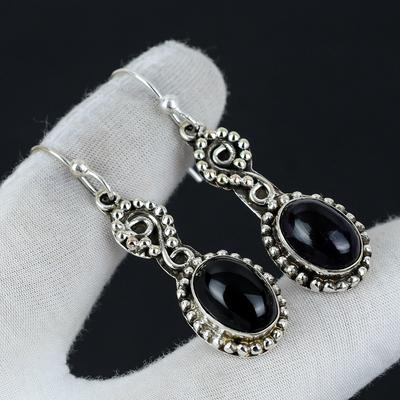 Schwarzer Onyx Ohrring, 925 Sterling Silber Ohrring, Handgemachter Ohrring, Ovaler Schwarzer Onyx Edelstein Ohrring, Geschenk für Mutter, Edelstein Ohrring