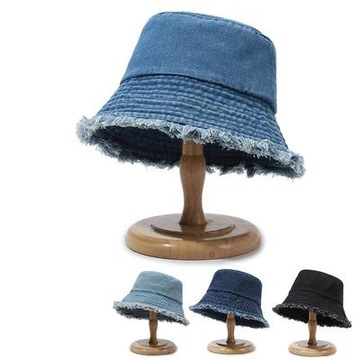 New Summer Washed Denim Blue Bucket Hat For Women Outdoor Sunshade Fisherman Cap Wide Brim Tassel Edge Label Sun Hat For Men