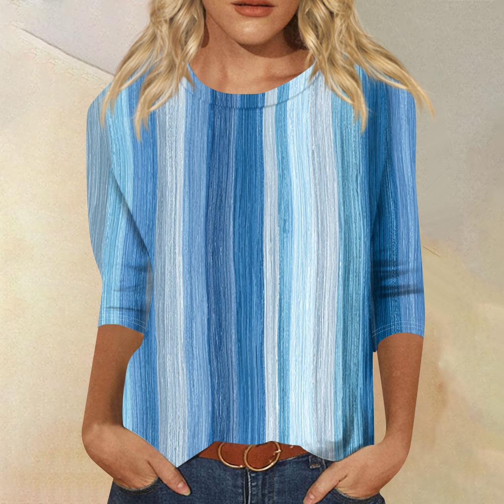 Women's Fashion Casual Round Neck Three-quarter Sleeve Gradient Print T-shirt Top