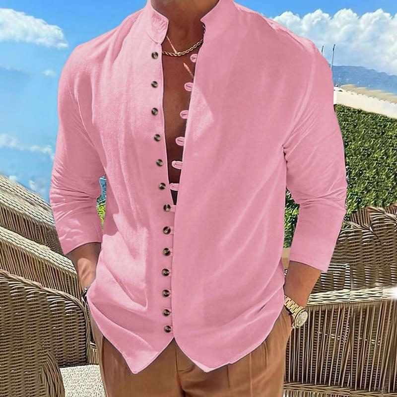 

Amazon, Autumn, Men s Retro Cotton and Linen Casual Loose Long Sleeve Shirt XXXL рожевий