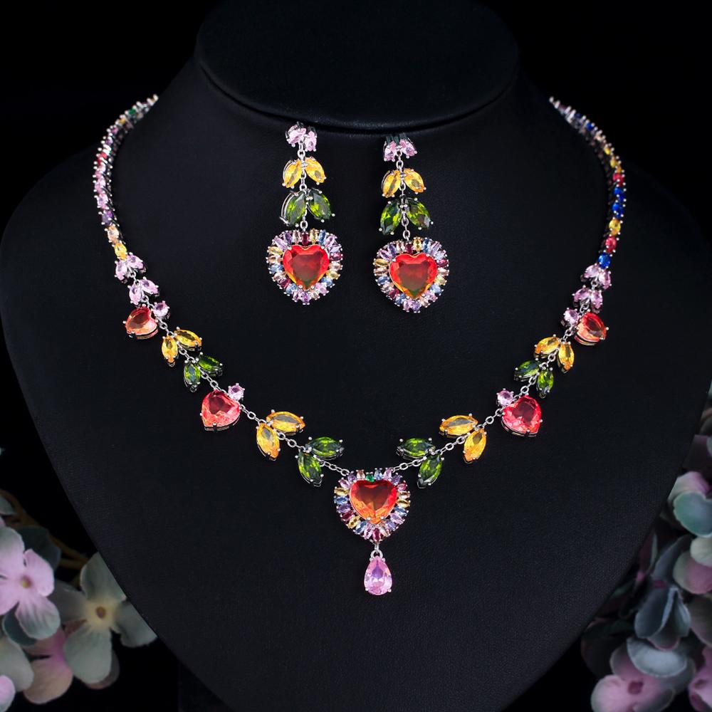

Романтический набор из цирконов, многоцветный кубический цирконий, бохо, ожерелье в форме сердца, серьги, для женщин, для помолвки, свадебные украшения T0954 разноцветный