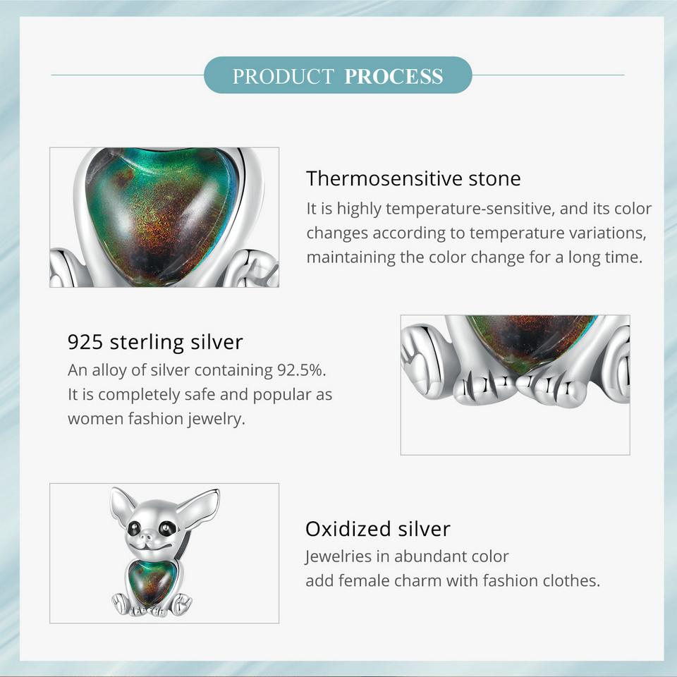 BAMOER 925 Sterling Silver Mood Stone Astronaut Charms Cute Chihuahua Dog Beads for Women Bracelet and Bangle DIY