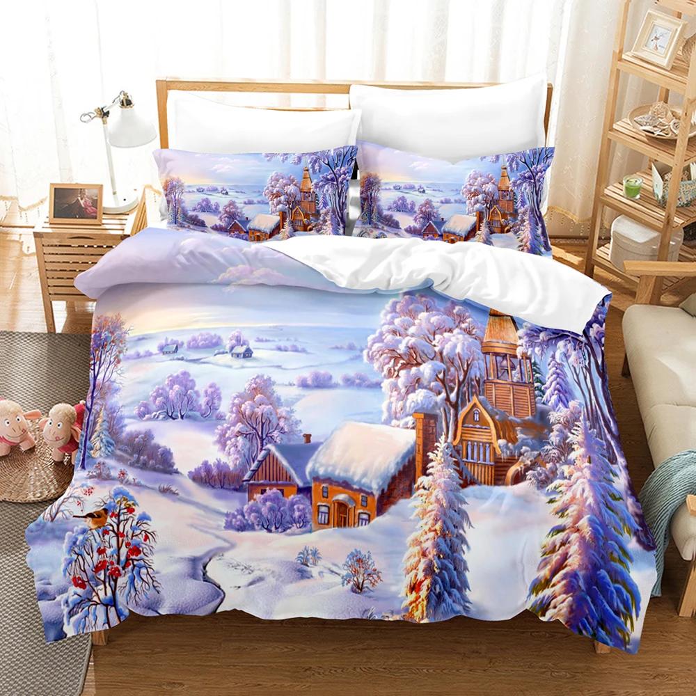 

Рождественский комплект пододеяльника Катание на коньках Веселый снеговик Рождественская елка Радостный Декоративный набор постельного белья со снежинками и наволочками EU Single 135x200cm