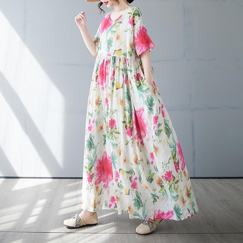 DIMANAF 2025 Sommer Übergröße Kleid Damen Vintage Floral Lässig Locker Basic Druck O-Ausschnitt Kleid Maxi