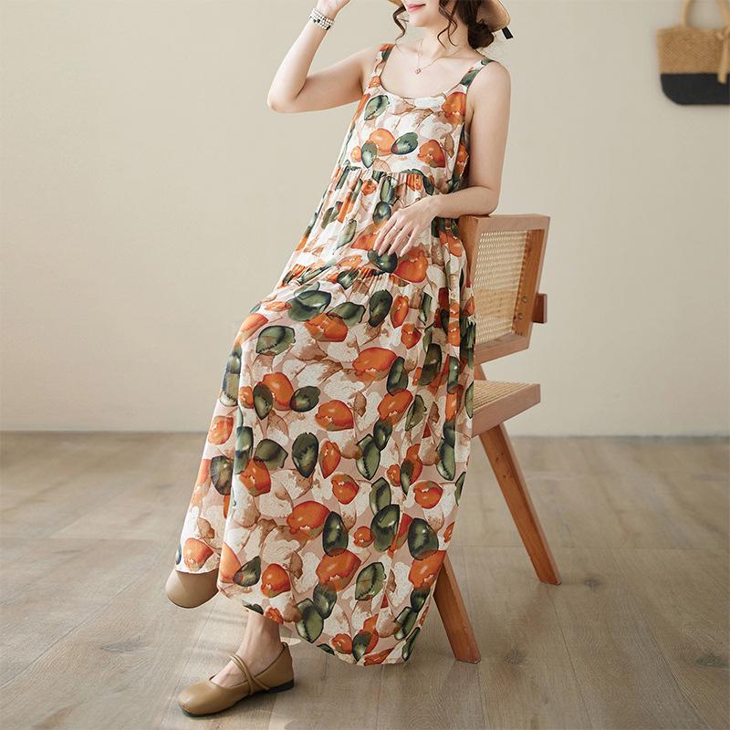 2026 Summer Cotton Linen Patchwork Long Dress with Slimming Loose Fit and Large Hem Skirt