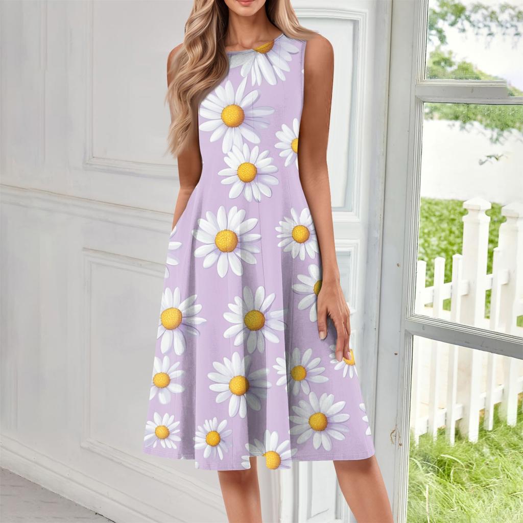 Damska codzienna sukienka midi bez rękawów z okrągłym dekoltem i kwiatowym nadrukiem