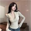 Women's Lace Patchwork V-neck Long-sleeve Top - Autumn/Winter Sexy Slim-fit Base Layer