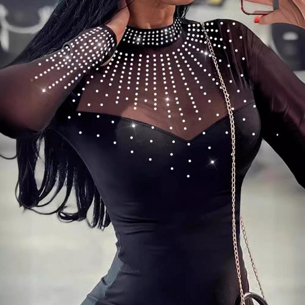 Women's Sweetheart Neck Long Sleeve Mesh Rhinestone Bodycon Mini Dress Slim Fit Club Party Dress