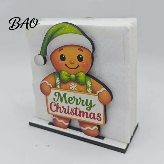 Rustic Farmhouse Napkin Holder Wooden Christmas Holder, Gingerbread Man And Deer Design, Holiday Party Countertop Organizer Decorative Vertical Paper
