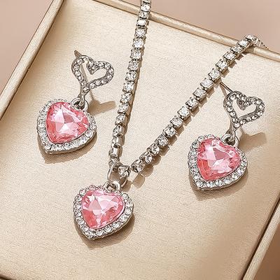 Rosa Herz Halskette Ohrringe Set für Frauen Anhänger Halskette Hochzeitsfeier Schmuckset