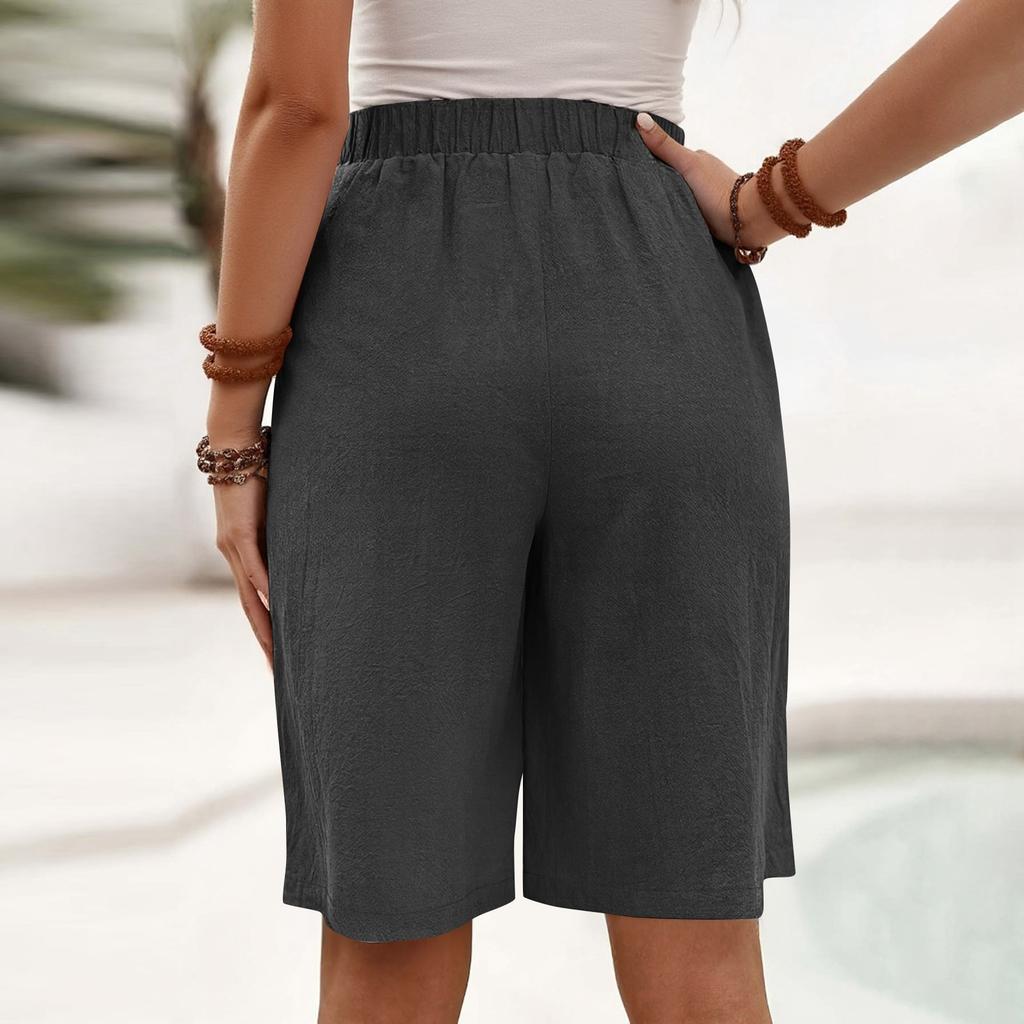 Bermuda Shorts For Women Wide Leg Linen Knee Length Summer Casual Long Shorts Loose High Waisted Short With Pockets