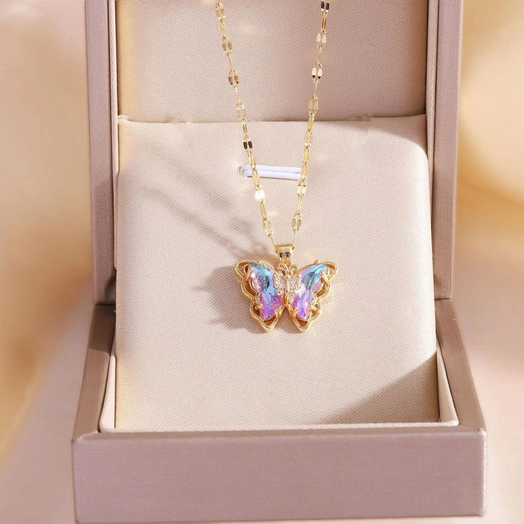 Colorful Zircon Butterfly Pendant Necklaces for Women Girls Stainless Steel Trendy Romantic Jewelry Accessories Gifts