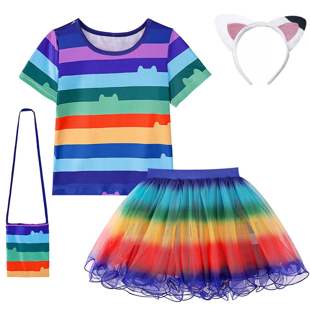 Gabby Dollhouse Cartone Animato Bambini Maglietta a Righe Bianche e Nere+Gonna+Borsa Set Bambini Carnevale Costumi Gabby Cats Feste 8 Anni