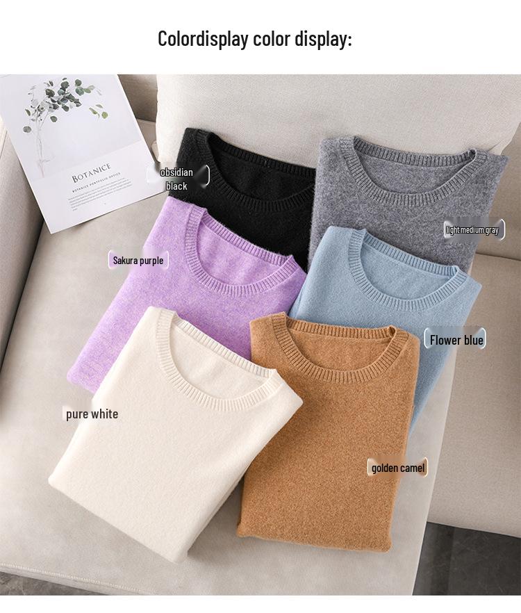 Dámský 100% vlněný pletený svetr s kulatým výstřihem a dlouhým rukávem – Jednobarevný pro podzim a zimu