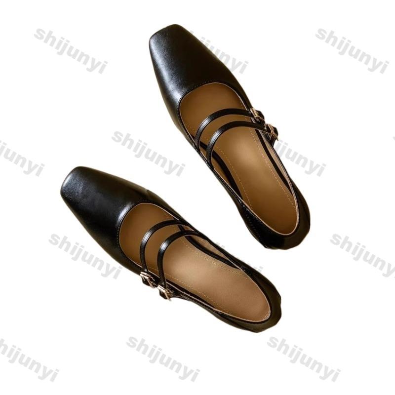 Women's Mary Jane Shoes 2025 Spring Autumn New Buckle Strap Luxury Leather Shoes Comfortable Square Toe Party Sexy Pumps
