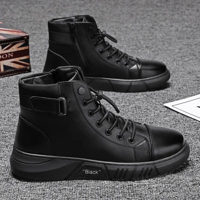 Fashion Men's Motorcycle Boots Comfortable Platform Boots Men‘s’ Outdoor High Top Leather Boots Fashion Comfortable Waterproof Men Shoes